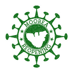 Moorea Reopening Stamp. Green round badge of island with map of Moorea. Island opening after lockdown. Vector illustration.
