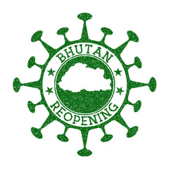 Bhutan reopening stamp. Green round badge of country with map of Bhutan. Country opening after lockdown. Vector illustration.