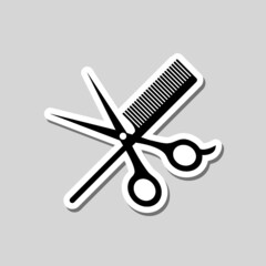 Scissors and comb sticker icon isolated on gray background