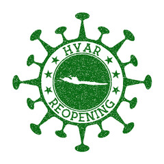 Hvar Reopening Stamp. Green round badge of island with map of Hvar. Island opening after lockdown. Vector illustration.