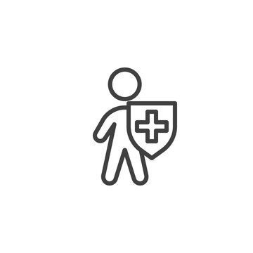 Life Insurance Line Icon. Linear Style Sign For Mobile Concept And Web Design. Man With Medical Shield Outline Vector Icon. Immune System Protection Symbol, Logo Illustration. Vector Graphics