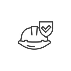 Work insurance line icon. linear style sign for mobile concept and web design. Hard hat with protection shield outline vector icon. Safety symbol, logo illustration. Vector graphics