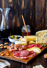 Wine snack. Prosciutto, Parma ham, salami, almonds, olives, baguette, blue cheese, parmesan. Antipasti.