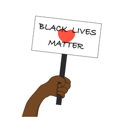Black left hand holding badge and wording Black lives matter and red heart. Stop racism concept. All life is equal.