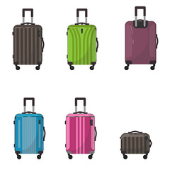 Set of large travel plastic suitcases. Bag on wheels for business trip, summer vacation, travel. Foreground.
