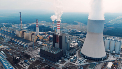 Aerial View Of Large Chimneys From The Kozienice Coal Power Plant In Poland - Swierze Gorne. - obrazy, fototapety, plakaty