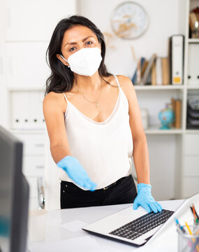 Business Woman In Mask And Gloves Ready For Handshake In Office