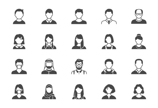 People avatar flat icons. Vector illustration included icon as old man, female, muslim, senior, adult businessman and young human, child black silhouette pictogram for user profile