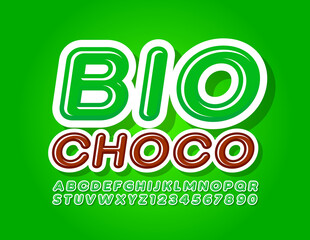 Vector organic emblem Bio Choco with Green and White Font, Glossy Alphabet letters and Numbers