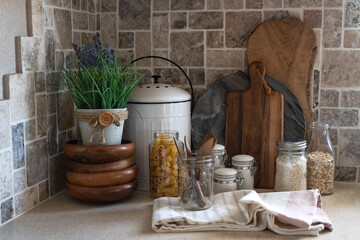 Shabby chic Kitchen utensils and jars on a countertop