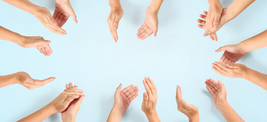 Group of hands applauding up Top view