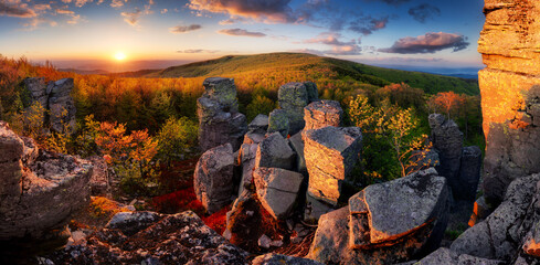 Rocks in mountain landscape at sunset panorama in Slovakia, Vtacnik