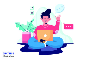 Man Chatting online flat vector illustration. Young man chatting via laptop computer. Social media and communication concept.