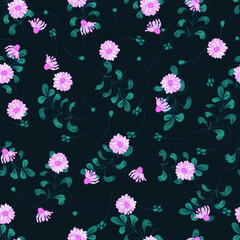 Fototapeta na wymiar Cartoon cute doodles seamless texture. Endless vector illustration. Multicolor pattern of flowers and leaves. can be used for fabric and wallpaper.