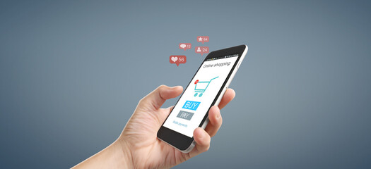 Man hand holding smartphone device and touching screen. Online shopping