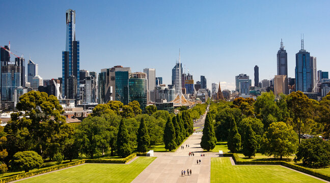 Melbourne, Australia. Skyline of Melbourne, wide view from the city and the green areas surrounding the city. Buildings and parks.