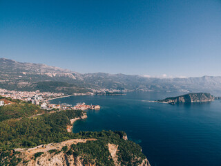 Fort Mogren on the mountain, overlooking the old city of Budva, the modern city, the island of St. Nicholas and the Budvan Riviera.