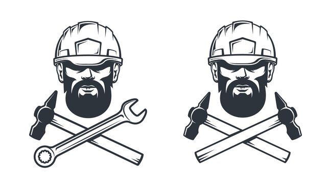 Bearded man in helmet - workshop retro tattoo. Mechanical service simple logo with hammer and wrench. Worker in hardhat - vintage emblem. Vector illustration.