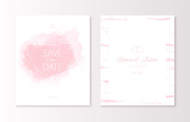 Wedding pink color invitation card with watercolor spot and geometric polygonal heart. Vector luxury invite