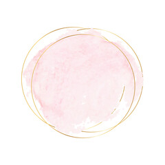 Pastel pink brush stroke watercolor texture with gold polygonal frames. Pink water color brush with rectangle geometric frame gold colo