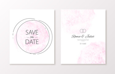 Wedding invitation card with watercolor spot and black frame. Vector luxury invite with save the date text