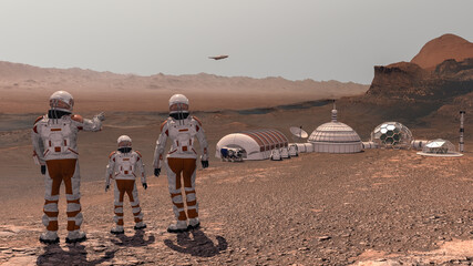 Family colonists immigrants to Mars, a man, a woman and a child admire the Martian landscape, the city and spaceship. Exploring mission to mars. Elements of this video furnished by NASA. 3d rendering © merlin74