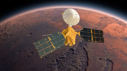 Mars Reconnaissance Orbiter, MRO orbiting Mars. Mars Planet Rotating in the outer space.Traveling to the red planet Mars in space. Elements of this video furnished by NASA. 3d rendring. © merlin74