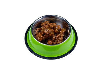 Canned food for cats or dogs in metal green bowl isolated on white background