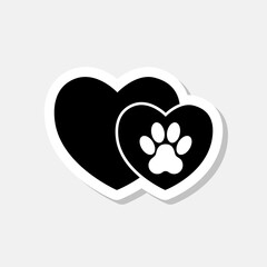 Animal paw foot print in heart sticker isolated on gray background