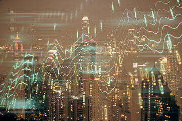Double exposure of forex chart drawings over cityscape background. Concept of success.
