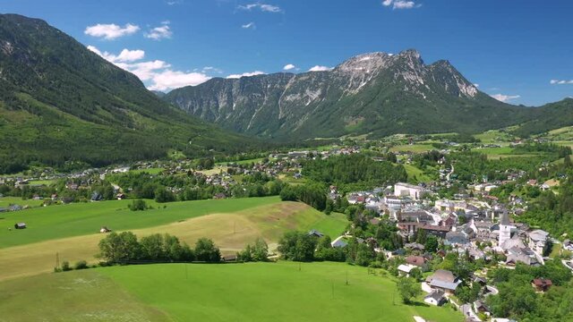 Flying over Bad Aussee, Austrian Alps, Salzkammergut, Ausseerland, Austria