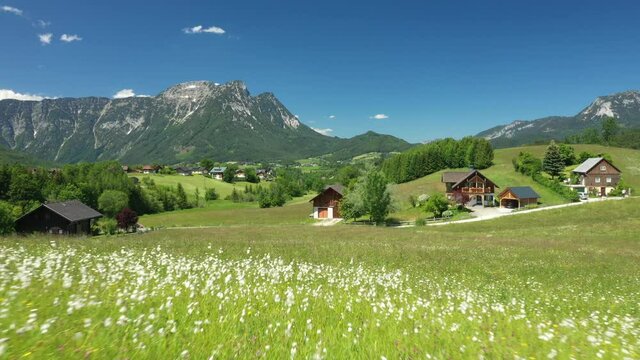 Flying over a flower meadow to Bad Aussee, Austrian Alps, Salzkammergut, Ausseerland, Austria