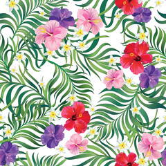 Tropical vector seamless background. Jungle pattern with exotic flowers, and palm leaves. Stock vector. Jungle vector vintage wallpaper