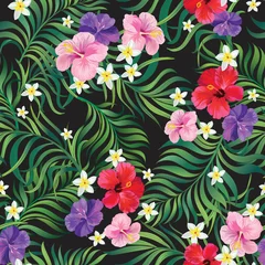 Deurstickers Tropische vector naadloze achtergrond. Jungle patroon met exotische bloemen en palmbladeren. Voorraad vector. Jungle vector vintage behang © Logunova  Elena