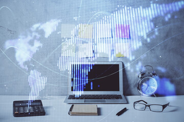 Double exposure of business theme icons and work space with computer background. Concept of success.