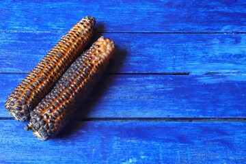 Roasted Maize or Corn Isolated on Blue Colored Wooden Background in Horizontal Orientation with Copy Space for Texts Writing, Perfect for Wallpaper