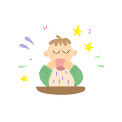 A baby drinks from a mug on his own.Teaching of skills