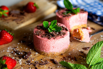 Strawberry yogurt mousse and chocolate dessertv