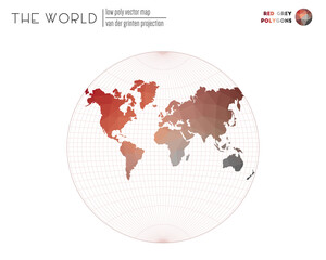World map in polygonal style. Van der Grinten projection of the world. Red Grey colored polygons. Energetic vector illustration.