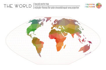 World map with vibrant triangles. McBryde-Thomas flat-polar sinusoidal equal-area projection of the world. Colorful polygons. Awesome vector illustration.