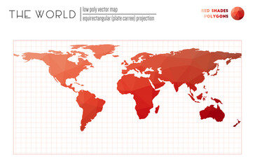 Fototapeta na wymiar Low poly design of the world. Equirectangular (plate carree) projection of the world. Red Shades colored polygons. Stylish vector illustration.
