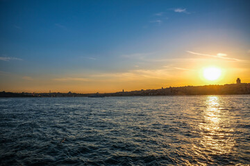 Fototapeta premium Beautiful scenic view of Istanbul during sunset in Bosphorus Bridge, Turkey. Eastern travel history city concept