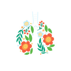 Lungs vector. Human internal organ. Ornament of leaves and flowers