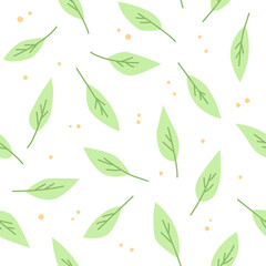Green leaves are on a white background. A seamless pattern with leaves.