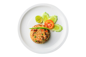 Above view of Asian fried rice with egg and vegetable in white ceramic plate isolated on white background. Khao Pad of Asian traditional style. Popular Thai food. Top view