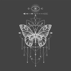 Vector illustration with hand drawn butterfly and Sacred geometric symbol on black background. Abstract mystic sign.