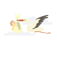 A stork carries a newborn in a bag decorated with flowers