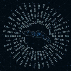 Anegada digital map. Binary rays radiating around glowing island. Internet connections and data exchange design. Vector illutration.