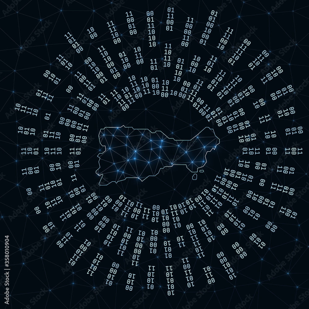 Poster capri digital map. binary rays radiating around glowing island. internet connections and data exchan