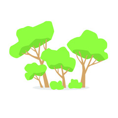 Several green trees and bushes. Forest, reserve, park, square. Cartoon style.